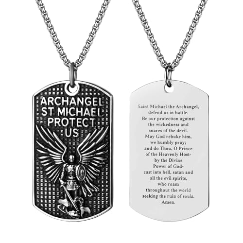 Oidea Men's Saint Michael Necklace: Double-sided Stainless Steel St Michael The Archangel Pendant Necklaces for Men Women Religious Catholic Amulet Jewelry Gifts Silver