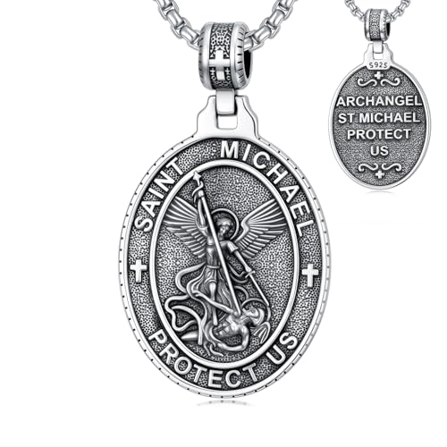Seiyang 925 Sterling Silver St Michael/St Christopher/St Raphael/St Jude/St Benedict Crucifix Pendant/Nail Cross Necklace Religious Amulet Jewelry Gift for Men Women (with Gift Box) E03-Michael(Oval)