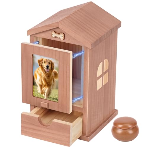 Pet Ashes Box, Wooden Dog Urn with Movable Photo Frame