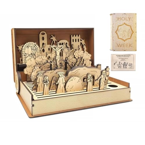 Gonggi Easter Holy Week Book, Wooden Easters Resurrection Scene Set, DIY Teaching Aid Christ Centered Keepsake Gift Handmade Family Home Decoration for Week Desktop Ornament