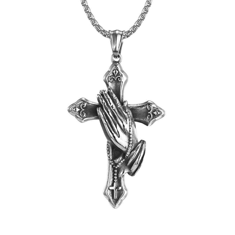 Praying Hand Cross Necklace for Men Stainless Steel Retro Small Prayer Hands Pendant Men Women for Christian Cross Jewelry Gift