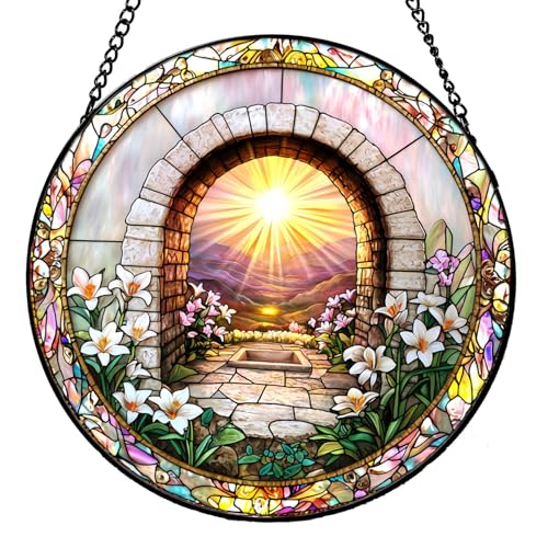 7.87 Inch Religious Stained Glass Window Hanging,Sky Mirror Stained Glass Suncatcher Window Panel Christianity Suncatcher Decor for Birthday for Women, Men, Wife, Aunt, and Mom Sky Mirror&flower