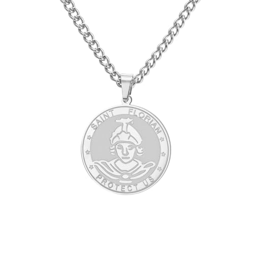 TEAMER Saint Florian Prayer Necklace St Florian Pendant, Firefighters and Soldiers Pattern Jewelry Religious Protection Amulet for Men Women Silver