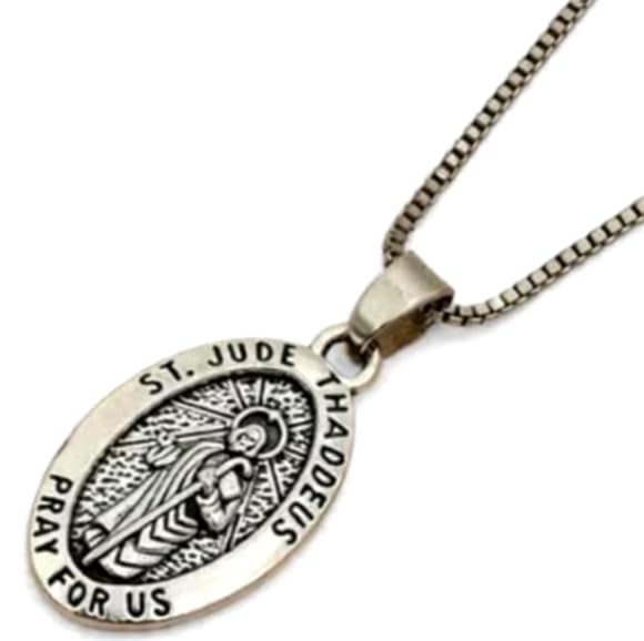 Royal Swan Antique Silver St Jude Thaddeus Medal Necklace, Patron Saint Pendant, 60cm Sterling Silver Plated Box Chain, Christian Jewelry with Velvet Gift Bag. Medal 28x16mm.