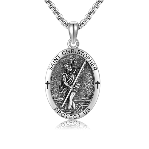 ONEFINITY Saint Christopher Necklace 925 Sterling Silver St Christopher Medal Pendant Religious Necklace Protection Jewellery Gifts for Men Women