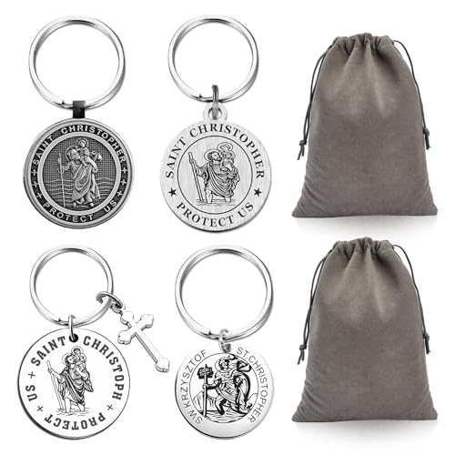 GMHLLES 4 Pack St Christopher Keyring, Biker Prayer Keyring Gifts for Men with Drawstring Bag for New Drivers Riders Travellers
