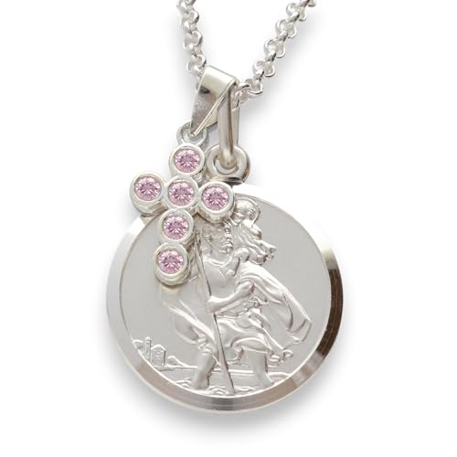 Christopher James of London | St. Christopher Pendant and Crystal Cross on 18" Necklace | Solid 925 Sterling Silver | Traditional Saint Design & Travellers Prayer | Travel Gift with Gift Box Included Pink