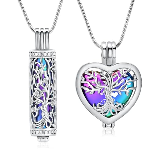 Tree of Life Cremation Jewelry for Men Women - 2 Pcs Cylinder & Heart Urn Necklaces for Ashes Stainless Steel Memorial Keepsake Pendant for Human Pet Ashes Rainbow