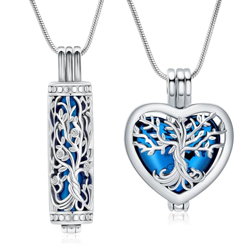 Tree of Life Cremation Jewelry for Men Women - 2 Pcs Cylinder & Heart Urn Necklaces for Ashes Stainless Steel Memorial Keepsake Pendant for Human Pet Ashes Blue