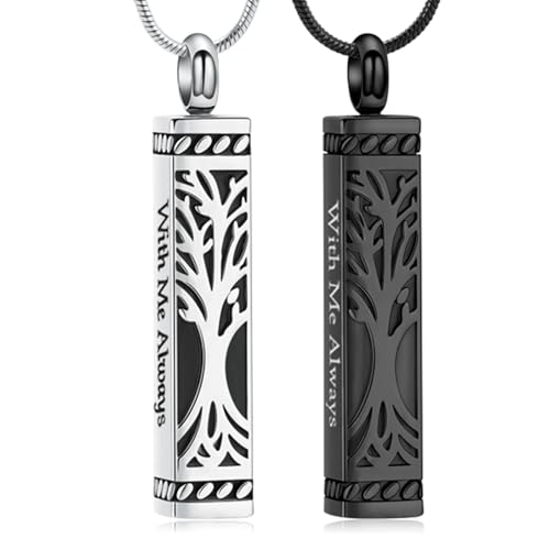 Tree of Life Cremation Jewelry for Men Women - 2 Pcs Cylinder & Heart Urn Necklaces for Ashes Stainless Steel Memorial Keepsake Pendant for Human Pet Ashes Silver&-Black