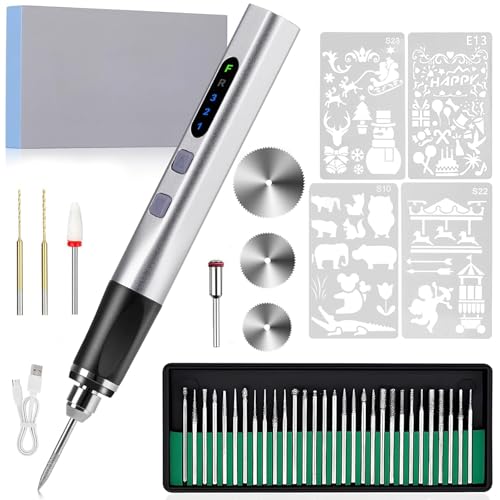 Cordless Engraving Pen, 3-Speed Electric Engraving Tool Kit, 18000 RPM Engraver Pen with 30 Drill Bits, 7 Grinding Accessories & 4 Templates for Wood, Resin & Jewellery