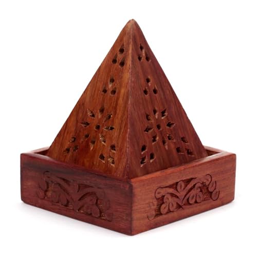 Ajuny Wooden Pyramid Incense Cone Burner Box, Flower Fretwork, 10 cm
