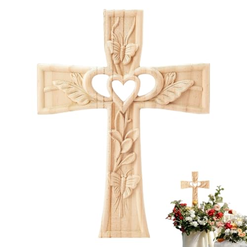 HOBBIESAY 1PCS Wooden Cross with Intertwined Hearts Wall Hanging Wooden Intertwined Heart Cross Carved Crosses Two Hearts Joined Marriage Crosses Symbol of Sacred Love for Wedding Valentine Gift 241mm Wooden Color