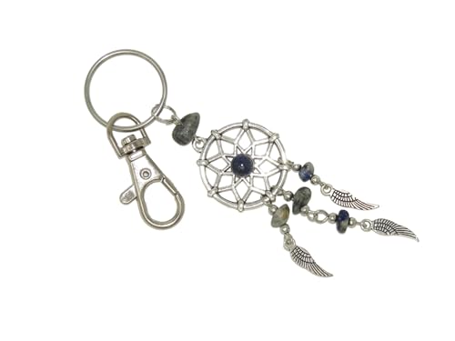 N690 Sodalite Gemstone Dreamcatcher Keyring – Blue Crystal Protection Keychain with Feathers | Spiritual Good Luck Charm for Positive Energy, Travel Safety & Mindfulness | Gift for Men & Women
