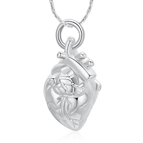 Cremation Memorial Jewellery 3D Anatomical Heart Urn Necklaces for Ashes for Men Women Stainless Steel Memory Keepsakes Urn Ash Pendant Silver