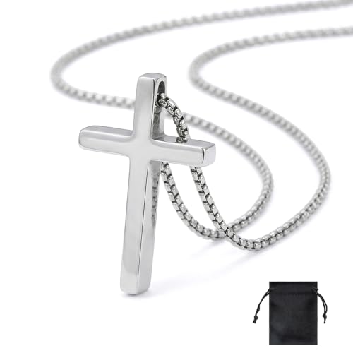 Silver Cross Necklace for Men and Boys, Cross Chain Pendant, Classic Christian Jewelry Gift for Son, Birthday, Father’s Day, Religious Confirmation and Baptism