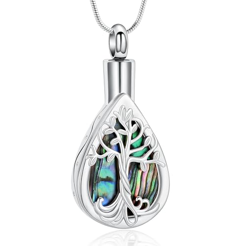 Cremation Jewelry Tree of Life Teardrop Urn Necklace for Human Ashes for Women Men Abalone Shell Memorial Ashes Keepsake Pendant Silver