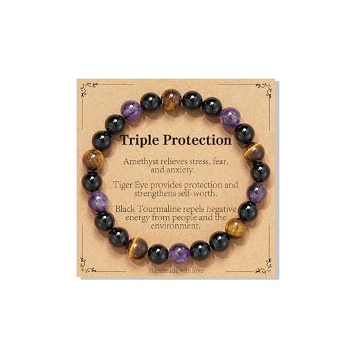 Natural Stone Healing Crystal Bracelets Gifts for Women Ladies 8mm Stretch Gemstone Beaded Bracelet Yoga Meditation Relax Friendship Birthday Valentines Christma Presents for Her Girls Triple Protection