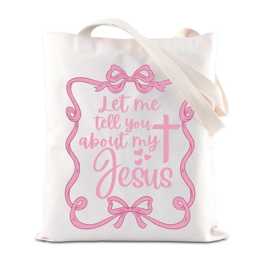 FOTAP Christian Coquette Merch Girly Christian Cross Tote Bag Let Me Tell You About My Jesus Quote Handbag Baptism Religious Gift Myjesus Tuk