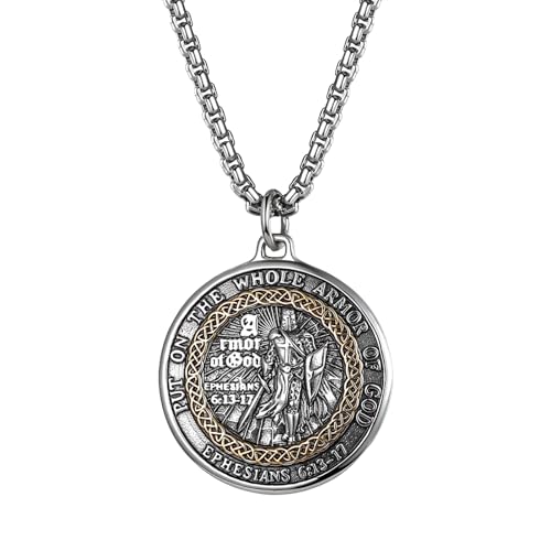Flongo Armor of God Pendant Necklace – Christian Jewellery Engraved with Ephesians 6:11‑17 Bible Verse – Inspirational Religious Necklace for Men and Women – Gift for Baptism & Confirmation