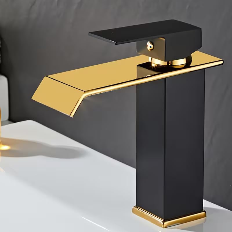 Luxury Waterfall Bathroom Sink Faucet, Matte Black & Gold Finish Single Hole Deck Mount Tap, 304 Stainless Steel Modern Basin Mixer with Ceramic Valve, Water-Saving Waterfall Spout
