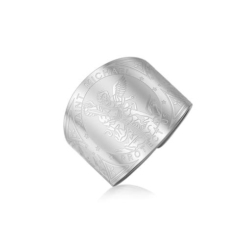 Seals of The Seven Archangels St. Michael Ring San Miguel Archangel Defeating Satan Figurine Ring Patron Saint Amulet Christian Guardian Jewelry Gift for Men silver