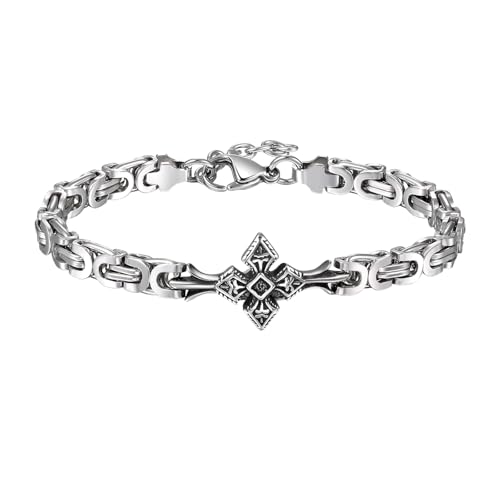 JewelryWe Cross Bracelet for Men: Stainless Steel Vintage Adjustable Byzantine Chain Bracelets Christian Faith Jewelry for Birthdays Father's Day and Special Occasions