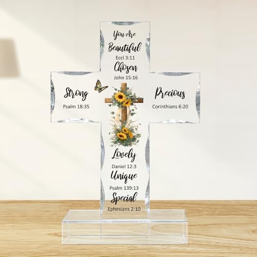 WEBEEDY Bible Verse Sunflower Catholic Cross Decor Acrylic Standing Cross with Base, Religious Gifts for Women Men Biblical Verse Catholic Cross Statue for Memorial Gift Home Office Decor, 10x15cm
