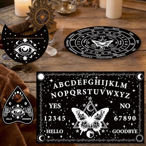 4Pcs 4 Sizes Spirit Board Wood Set with Heart Moon Planchette, Pendulum Dowsing Board Butterfly Pattern Black Divination Tool for Witchcraft Decor Altar Meditation Spiritual Talking Gift