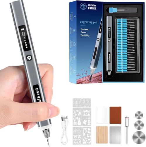 Cordless Engraving Pen with 48 Kits & LED Screen, 5-Speed Engraver Pen for Metal, Wood, Glass, Plastic & All Materials, USB Rechargeable Craft Gift for Teens, Adults and Beginners (Silver)