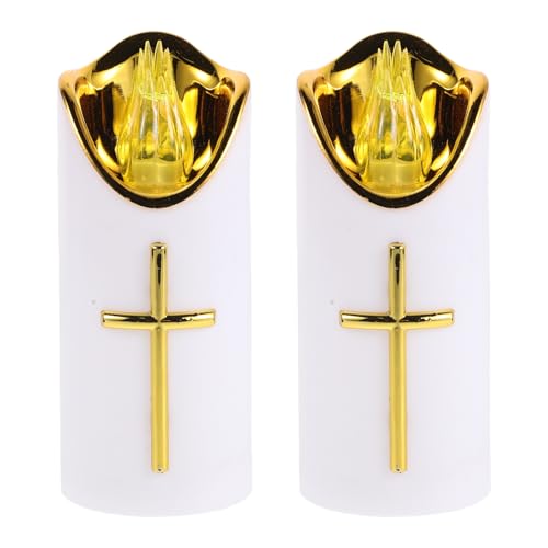 2pcs White Cross Church Prayer LED Flameless Candles for Cemetery Memorial Lights, Catholic Grave Lights for Devotion and Prayer, Religious Graveyard Candle Lamps