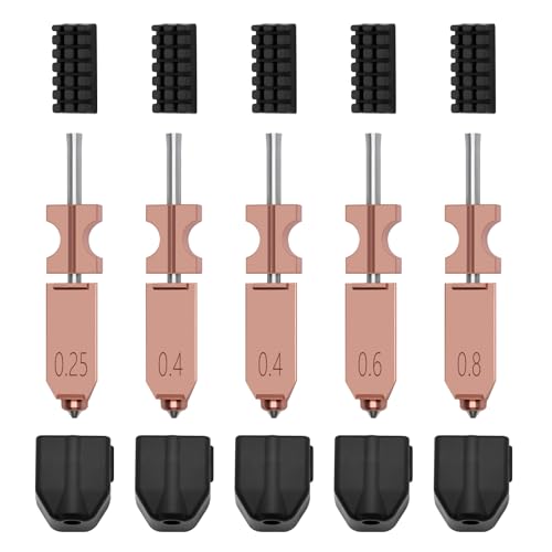 5 PCS Quick-Swap Nozzles Kit for AD5X, 2 PCS 0.2mm, 1 PC 0.25mm, 1 PC 0.6mm, 1 PC 0.8mm Hardened Steel Tip Integrated Nozzles with 5 PCS Silicone Socks and Nozzle Wiper for Flashforge AD5X Multi Size