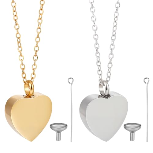 CREATCABIN Heart Cremation Jewelry for Ashes Urn Necklace Keepsake Cremation Jewelry Mini Stainless Steel Silver Memorial Urns Pendant with Funnel Pin for Bereavement Family Friends Gold & Sliver