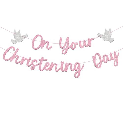 Pink Christening Banner Decorations for Girls Glittering on Your Christening Day DIY Baptism (Pink) Pink