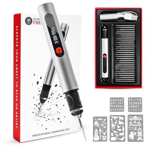 Engraving Pen, Rechargeable Engraving Tool Kit, Wireless Electric Engraving Pen with 30 Bits and 5 Engraving Template, Mini Rotary Tool for Jewellery, Metal, Glass and Plastic