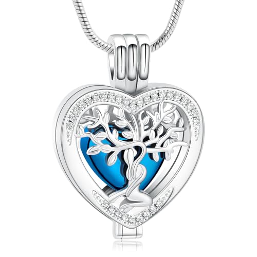 Cremation Jewelry Heart Tree of Life Urn Necklace for Human Ashes for Women Men Stainless Steel Crystal Memorial Ashes Keepsake Pendant Blue