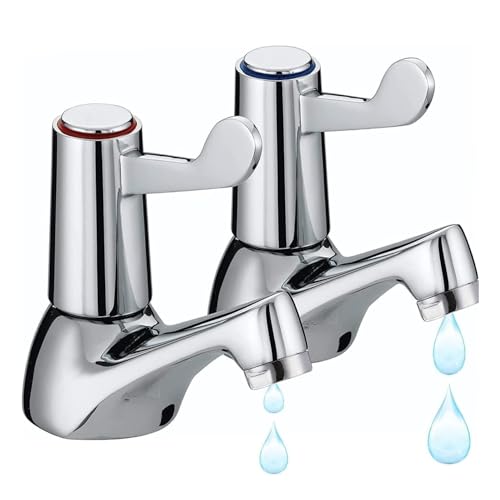 2PCS Hot & Cold Bathroom Basin Taps Chrome Plated Brass Sink Tap Pair with 1/2" BSP Thread, Quarter Turn Lever Handles & Ceramic Disc Valves Deck Mounted Taps for Bathroom & Kitchen Sink