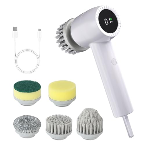 Electric Spin Scrubber Cordless, 5 In 1 Waterproof Cordless Electric Cleaning Brush with LED Display, Floor Scrubber with 2 Speeds 5 Brush Heads for Bathroom Tub Wall Kitchen Tile Car(White) White
