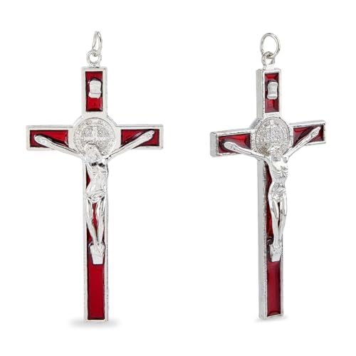 DICOSMETIC 2Pcs 11x5.5cm Metal Crucifix Wall Cross Saint Benedict Wall Crosses Red Enamel Jesus Christ Crucifix Catholic Christian Cross Decor Easter Gifts for Women Men 109.5x54.5x12.5mm