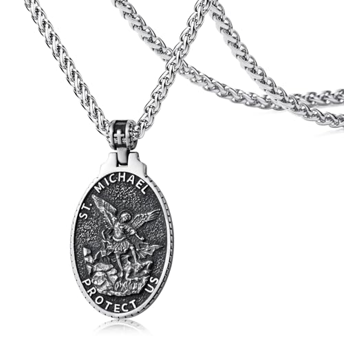 Mens St Michael Christopher George Benedict Necklace Stainless Steel Silver Virgin Mary Pendant Necklaces Chain Jewellery for Men Women 60cm
