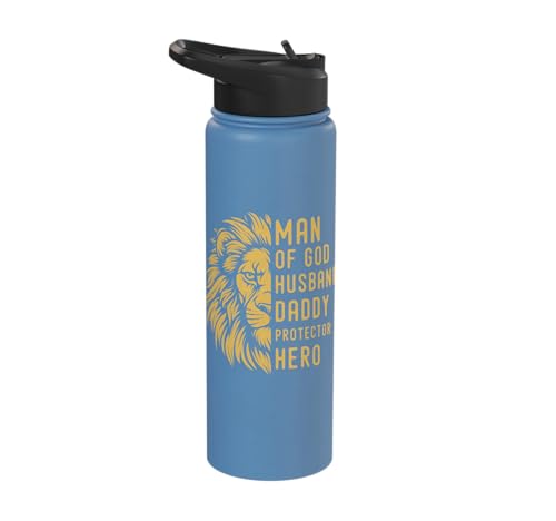 Man of God Husband Daddy Protector Hero Religious Lion Stainless Steel Insulated Water Bottle Light Blue 30 oz