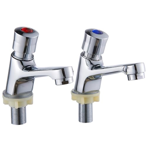 Self Closing Bathroom Sink Taps Pair, 1 Pair G1/2" Chrome Plated Bathroom Sink Faucet Brass Push Button Hot and Cold Mixer Time Delay Washbasin Tap Mixer for Kitchen Hotel Restaurant Public Toilet