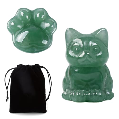 2 Pack Natural Crystal Cat & Paw Statue, Green Aventurine Healing Stones, Office Desk Decor Crystal Gifts Aventurine — Wealth