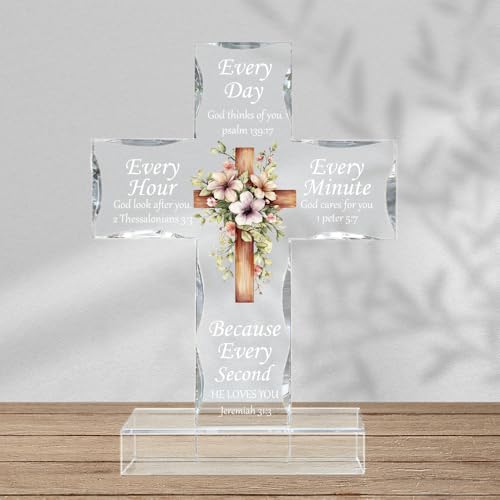 WEBEEDY Floral Acrylic Cross Christian Religious Gift for Women Men, Biblical Verse Standing Coss Decor with Base, Bible Scripture Inspiration Gifts Home Office Desk Decor, 10x15cm