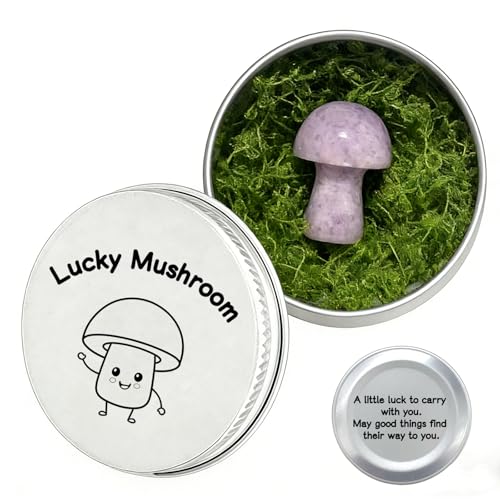 Amethyst Crystal Mushroom in Tin Box, Emotional Support Mushroom,Healing Crystal Gifts for Women, M-ushroom Trinkets & Gifts, Spiritual G-ift Set with Positive Affirmation