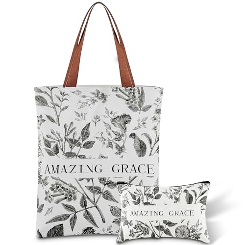 Religious Tote Bag Set with Makeup Bag, Floral Bible Verse Canvas Tote