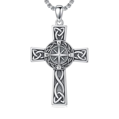 Seiyang Celtic Knot Cross Pendant Necklace for Women Men 925 Sterling Silver Four Leaf Clover/Claddagh/Celtic Heart/Compass/Pentagram Necklace Elegant Faith Cross Jewelry Gift for Birthday Christmas 06-Compass