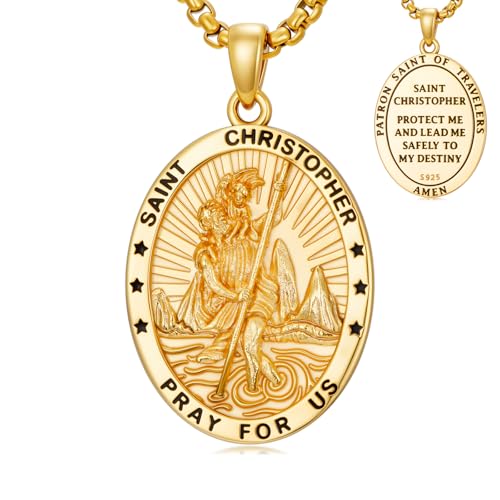Seiyang 925 Sterling Silver St Michael/St Christopher/St Raphael/St Jude/St Benedict Crucifix Pendant/Nail Cross Necklace Religious Amulet Jewelry Gift for Men Women (with Gift Box) B07-Christopher(Oval)-Gold