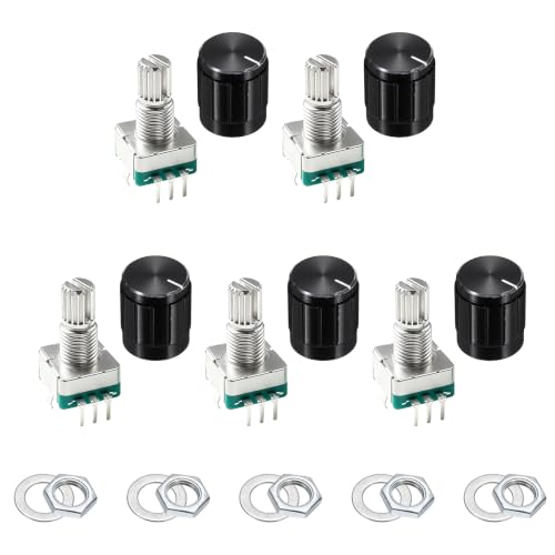 sourcing map 5Pack EC11 Rotary Encoder Code Switch, 15mm Full Shaft Digital Potentiometer 5 Pins with Push Button for Audio, DIY, Instrument Control, DVD, With Black Metal Knob