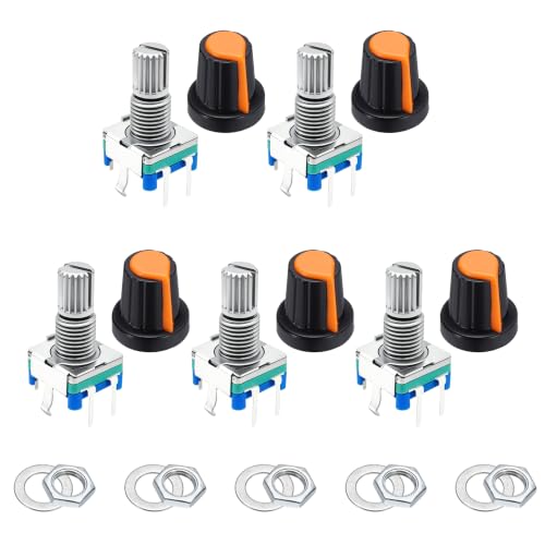 sourcing map 5Pack EC11 Rotary Encoder Code Switch, 15mm Full Shaft Digital Potentiometer 5 Pins with Push Button for Audio, DIY, Instrument Control, DVD, With Orange Plastic Knob